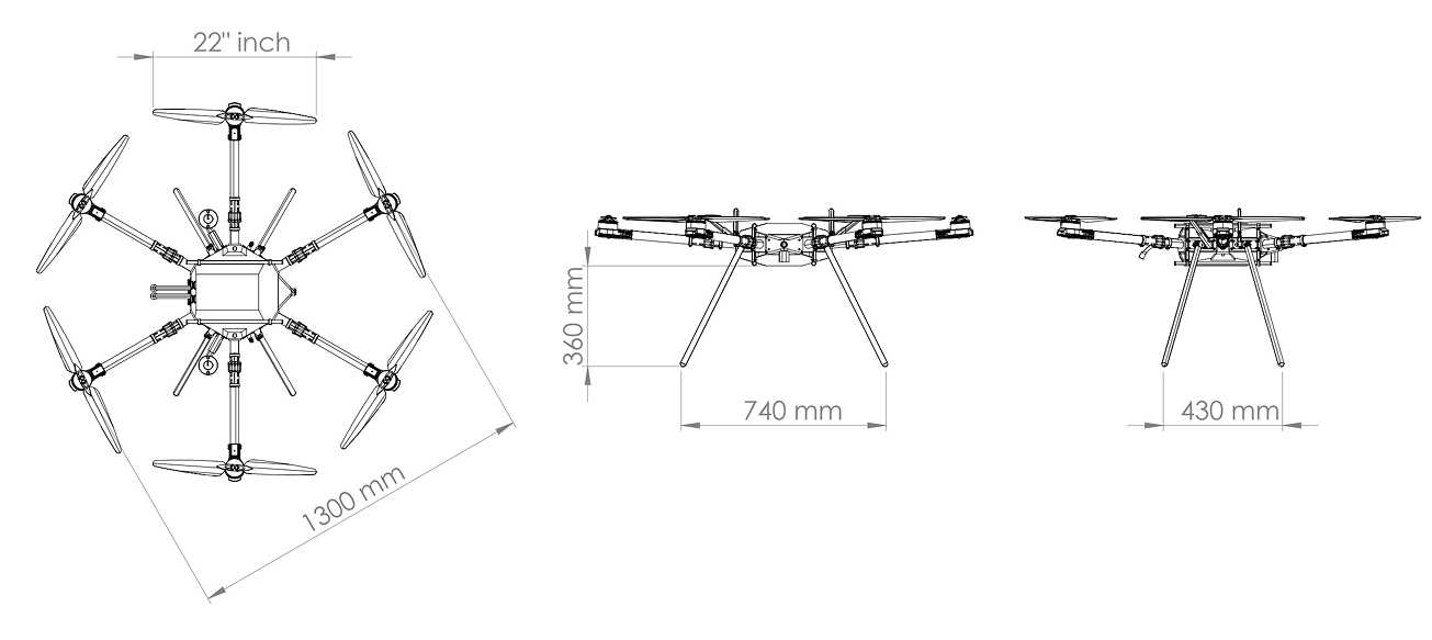 Azriel technical drawings — top, front and side views with dimensions
