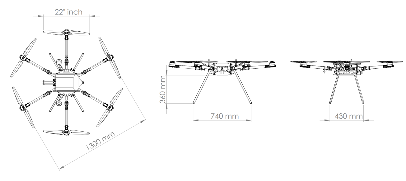 Lifter technical drawings — top, front and side views with dimensions