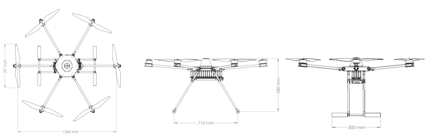 Salvatore technical drawings — top, front and side views with dimensions